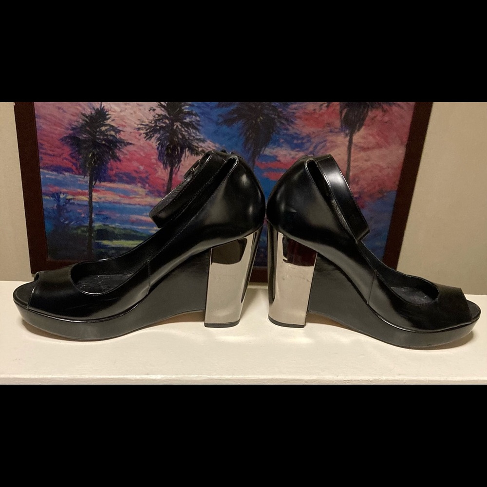 Michael Kors black leather & silver vintage wedge with ankle strap.